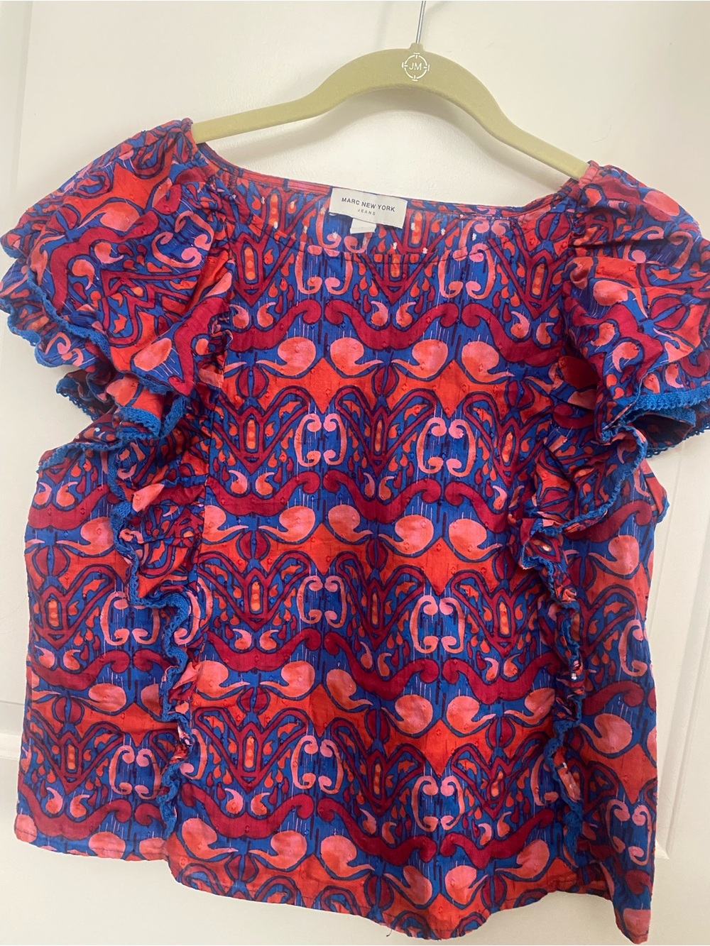 Marc New York Pink and Blue Printed Ruffle Blouse Boho size M
